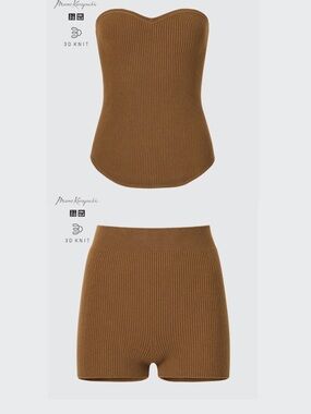 UNIQLO Set Brown Ribbed Strapless Knit Bustier Top & High-Waist Shorts